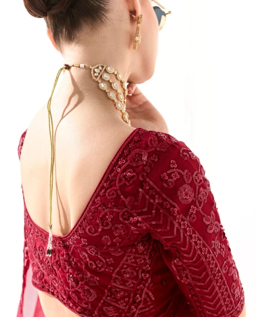 2222 - LOVELY RED SEQUINS WORK TISSUE SILK BRIDAL WEAR SAREE WITH BLOUSE